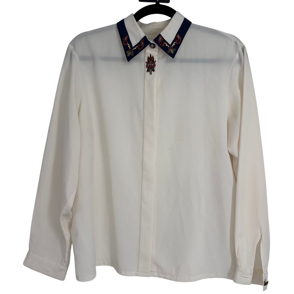 No Brand Vintage Women's Off-White Embroidered Collared Button Up Blouse Size L